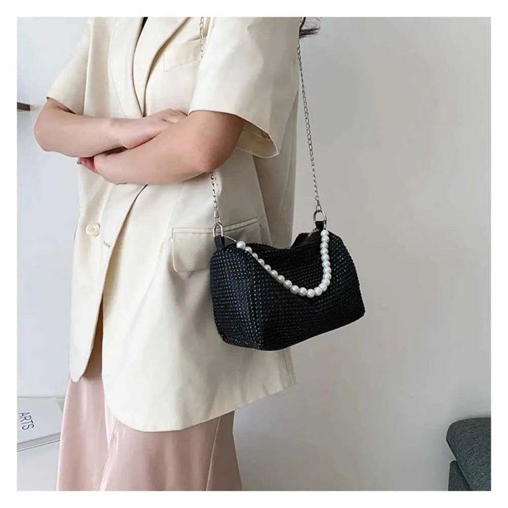 Sac messager à fermeture éclair en métal avec poignée en perles, grande capacité, sac à bandoulière décoratif à diamants brillants pour lui/voyage Y241026_voghion.com