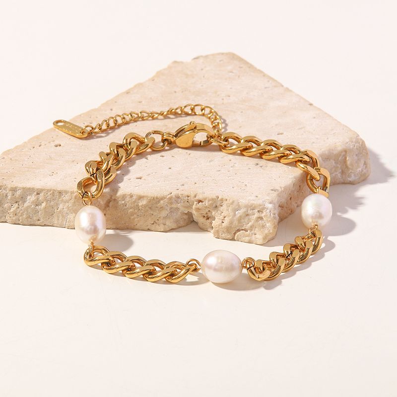 6mm Wide Stainless Steel Cuban Chain Three Pearl Fashionable And Simple Vintage Versatile Style Bracelet_voghion.com