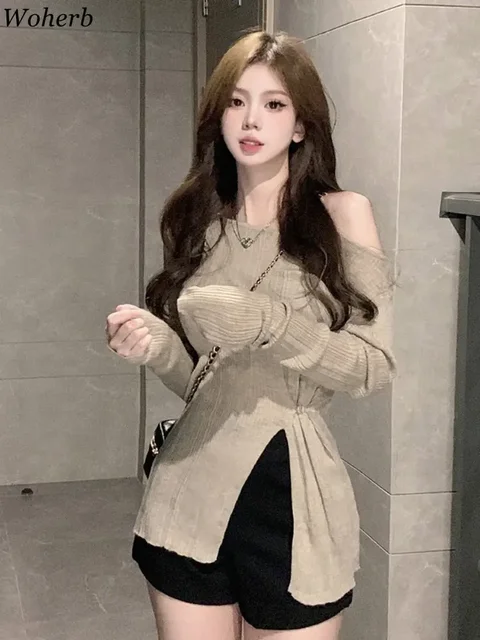 hot selling Woherb Korean Tshirt Woman O-neck Long Sleeve Knitted Tunic Tees 2024 Shirts for Women Y2k Tops Chic Split Casual Sexy T_voghion.com