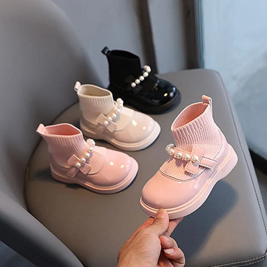 2025 New Baby Girls Princess Boots Sock Cutefeet Children Casual Toddlers Kids Autumn Winter Leather Shoes with Pearls_voghion.com