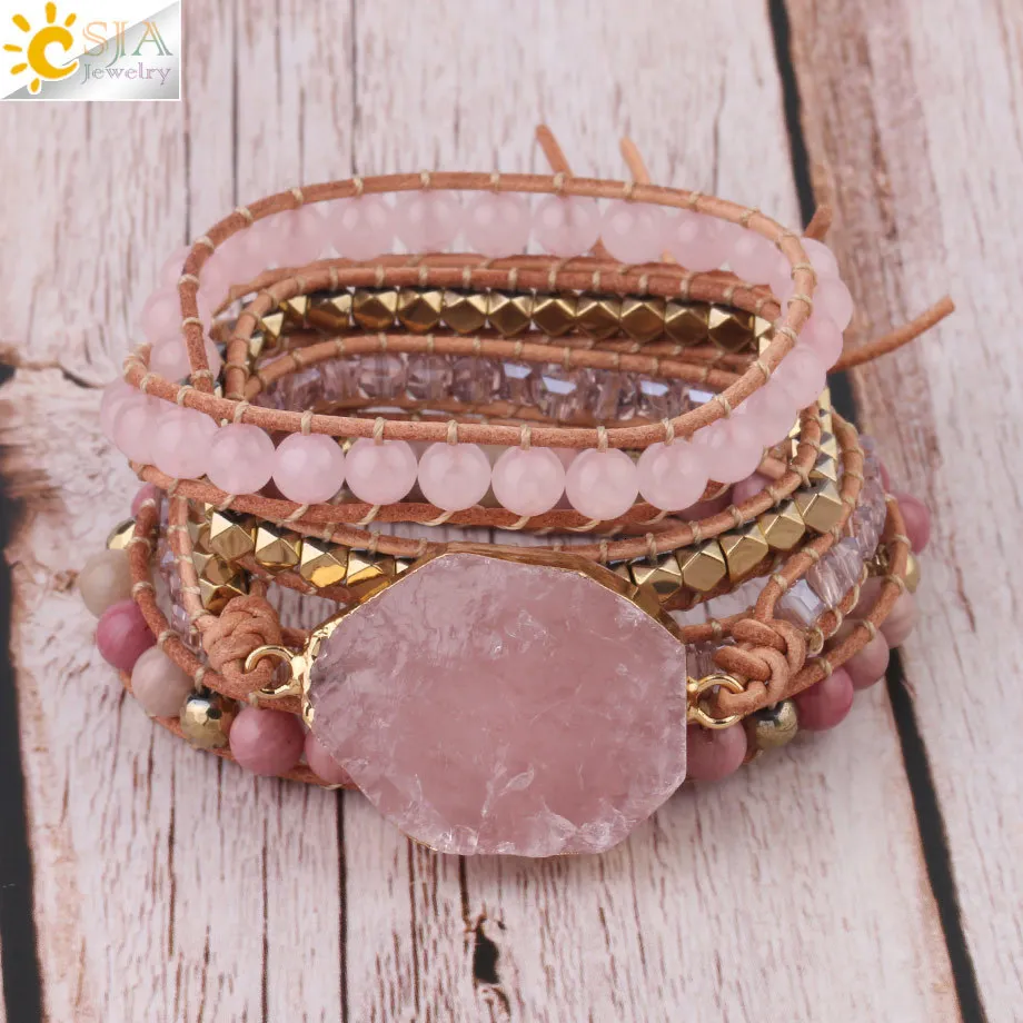 Charm CSJA Naturstensarmband Rosa Kvarts Läderarmband för Kvinnor Rosenstenar Kristallpärlor Bohemiska Smycken 5_voghion.com