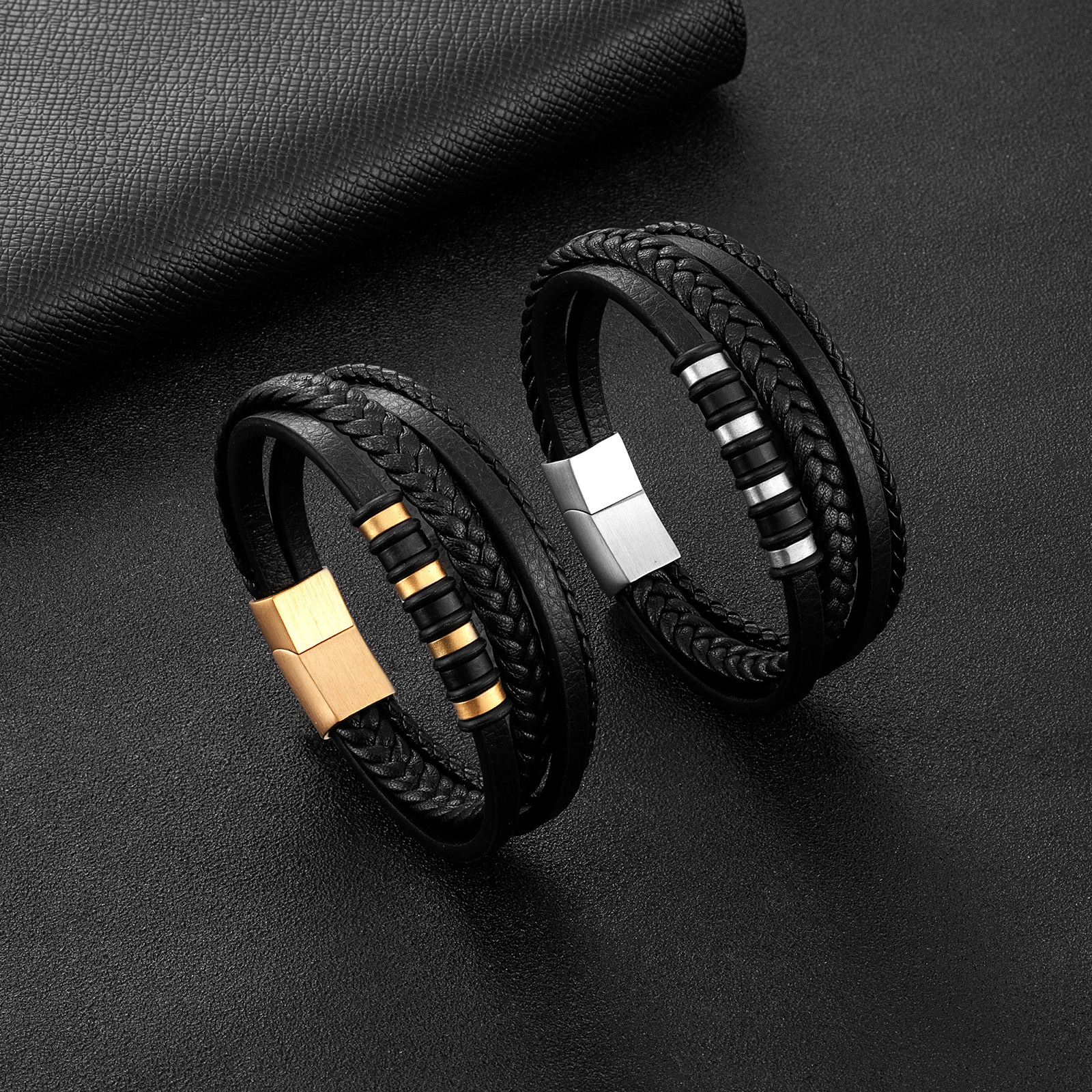 Bracciale in pelle intrecciata multistrato semplice da uomo, stile hip hop punk rock street, bracciale in pelle intrecciata bicolore da uomo_voghion.com