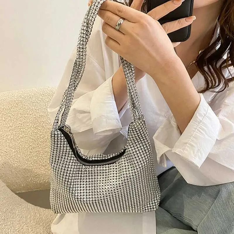 Bolsa de ombro de casamento requintada de prata brilhante Rhie Underarm Evening Wedding Bolsa de mão para jantar C241211_voghion.com