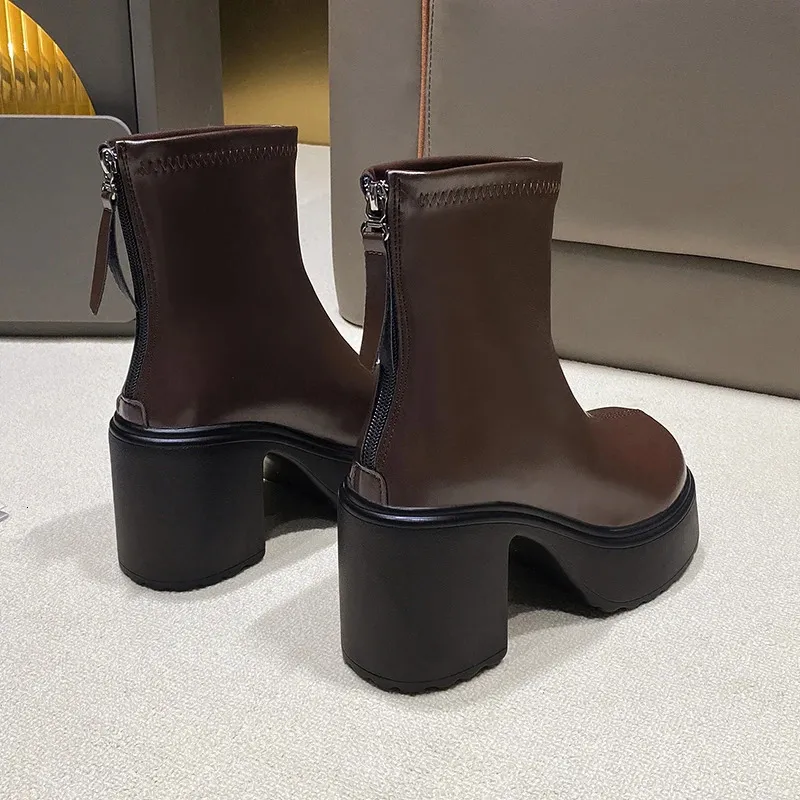 PU Leather Chunky Platform Ankle Women Back Zipper Thick Heeled Short Boots Woman Super High Heels Black Punk Shoes_voghion.com