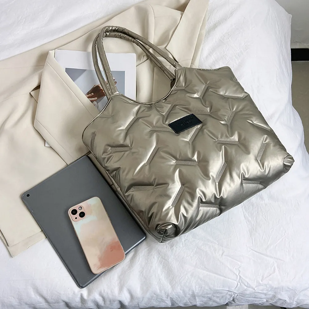 Borsa a mano imbottita in cotone da donna, trapuntata, grande capacità, invernale, casual, morbida e soffice._voghion.com