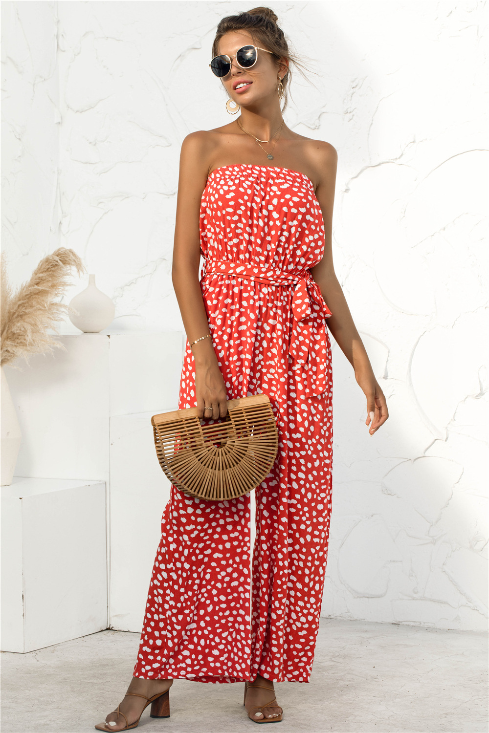 Nuevos productos de verano para mujer, nuevo mono de pierna ancha con cordones y estampado de lunares en forma de corazón y top de tubo sexy_voghion.com