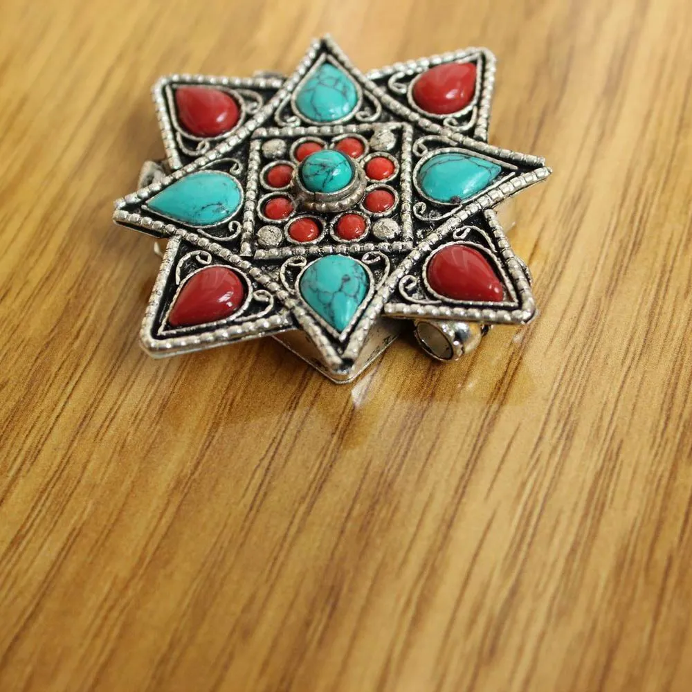 Collane con ciondolo PN009 Tibetano Argento Pietra colorata Anticato Stella Scatola di preghiera Collana Etnica Tibet Gau Amuleto Fatto a mano_voghion.com