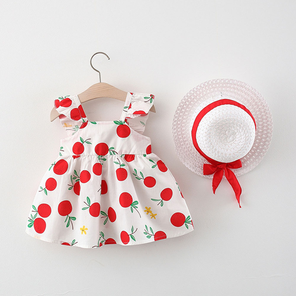Baby Girl Dress Flower Printed Cotton Dress Fashion Bow Kids Summer Vacation Clothes Send Hat_voghion.com