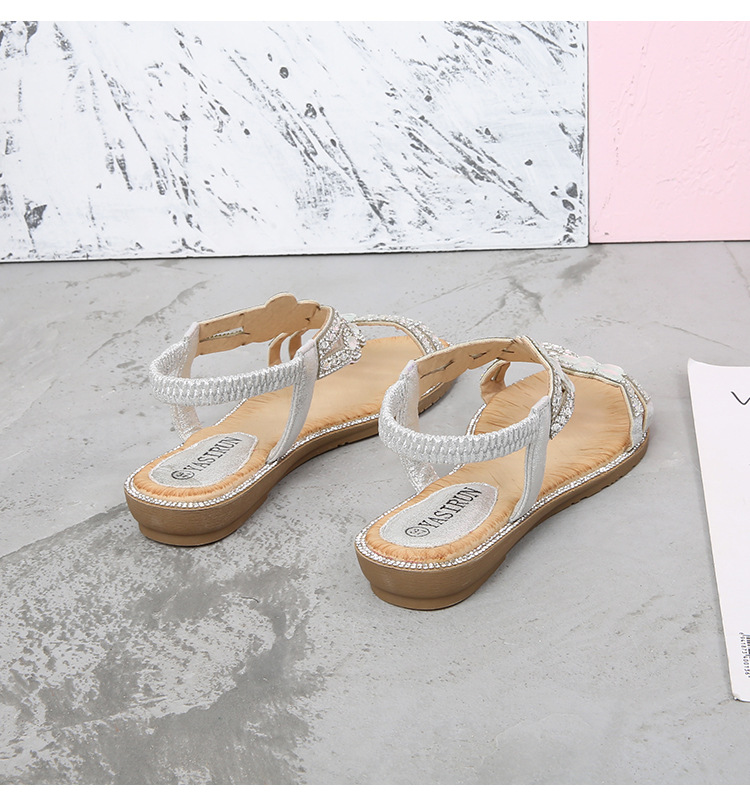 Large Size Hollow Sandals Women's Summer Comfortable Flat Rhinestone Sandals_voghion.com