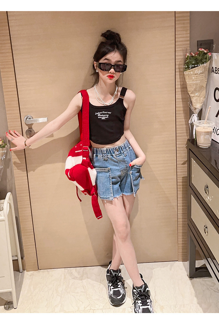 Mutter & Kinder Mädchen sommer chic neckholder-hipster kinder sommer lässig brief denim shorts Spice Girls zwei-stück set_voghion.com