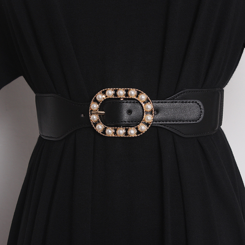 Langer Pullovergürtel für Damen mit Rockkleid dekorativen Mantelaccessoires Perlen elastisch schwarz karamell schmaler Hüftgürtel_voghion.com