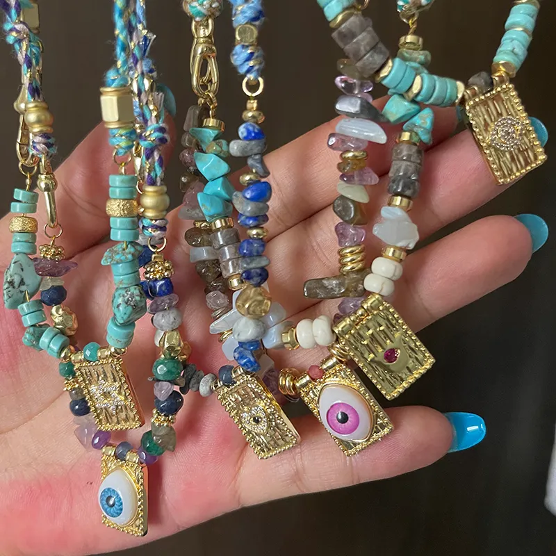 Catene Stile Multi Colore Corda Intrecciata Stella Luna Cuore Mano Occhio Collana Ciondolo Unico Mix Pietra Oro Cordino di Cotone Gioielli_voghion.com