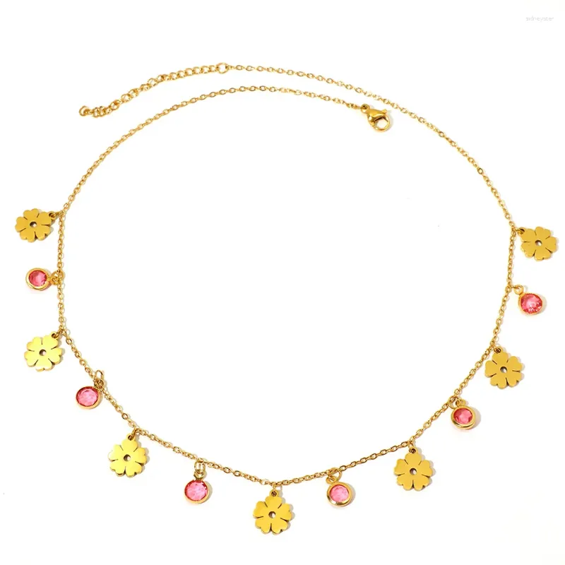 Chaînes en acier inoxydable Colliers exquis pendentif fleur en cristal rouge chaîne de pull collier de mode pour femmes bijoux_voghion.com