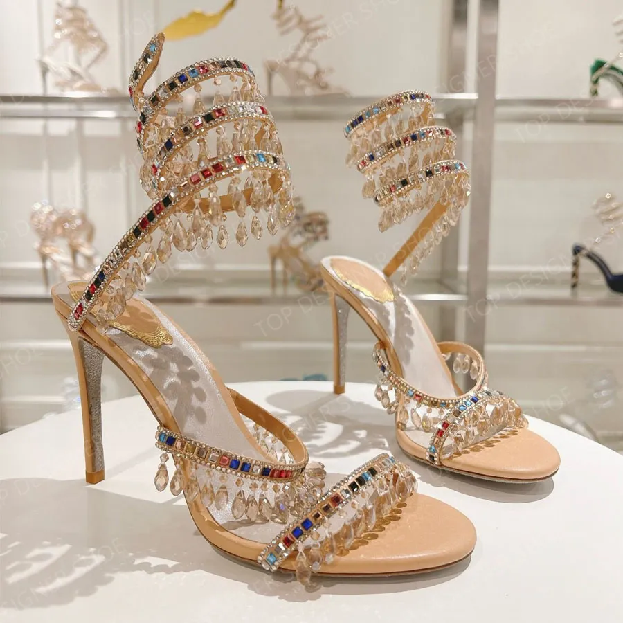 Kristallen kroonluchter stiletto hoge hakken sandalen dames dia serpentine gewikkeld hoge hakken 10cm designer banketjurk_voghion.com