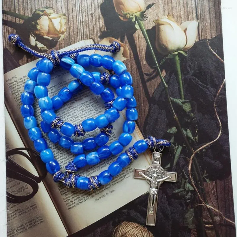 St Benedict Crucifix Rosary Necklace With Blue Beaded Chain_voghion.com