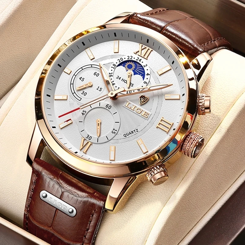Men's Luxury Quartz Chronograph Watch With Leather Strap & Box_voghion.com