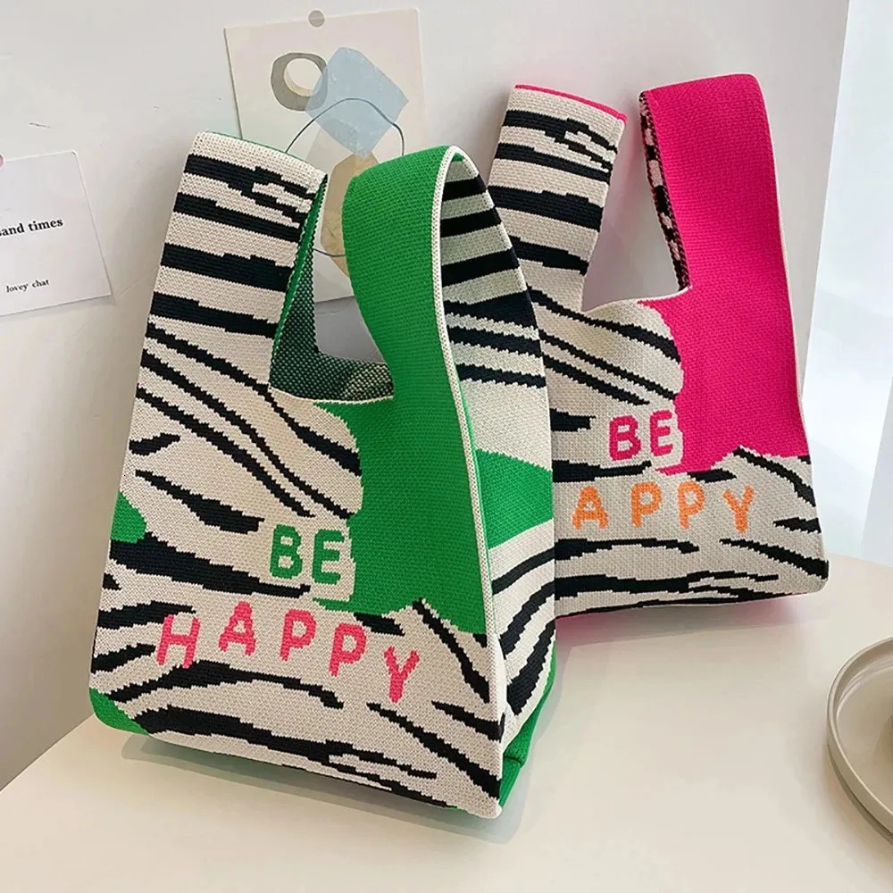 Handmade Knit Handbag Women Mini Knot Wrist-bag Female Casual Color Wide Stripe Plaid Tote Student Reusable Shopping Bag_voghion.com