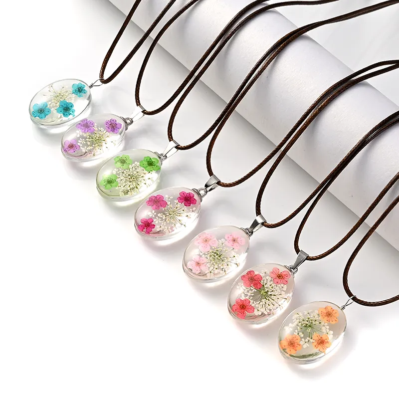 Chaînes Transparent Ovale Véritable Fleur Naturelle Séchée Verre Pendentif Chaîne En Cuir Collier Jonquilles Marguerite Blomoss Pétale_voghion.com