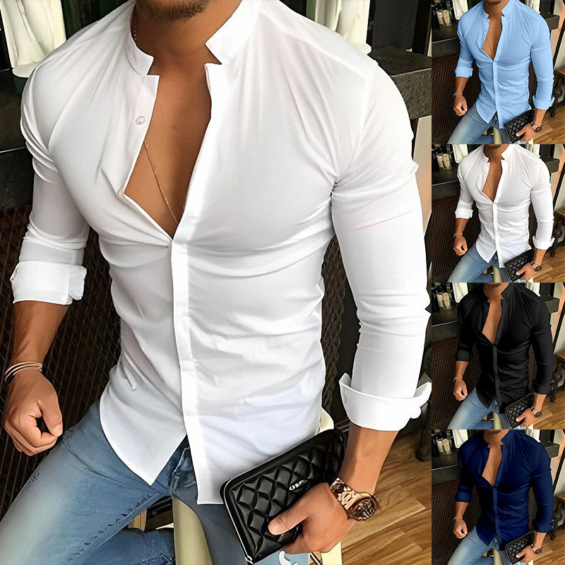 Men's Standing Collar Casual Muscle Men's Long Sleeved Shirt Youth Solid Color Shirt_voghion.com