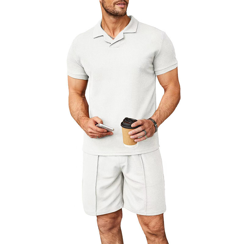 Men's summer new waffle V-neck polo shirt with flip collar short sleeved T-shirt men's set_voghion.com