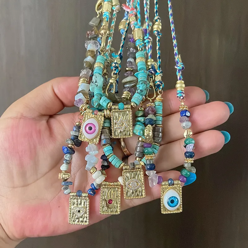 Catene Stile Multi Colore Corda Intrecciata Stella Luna Cuore Mano Occhio Collana Ciondolo Unico Mix Pietra Oro Cordino di Cotone Gioielli_voghion.com