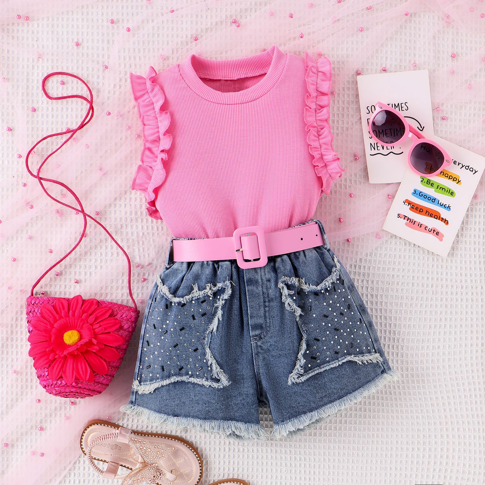 Wind summer small and medium-sized children's pit stripe sleeveless wooden ear edge top+star denim shorts+belt girl set_voghion.com