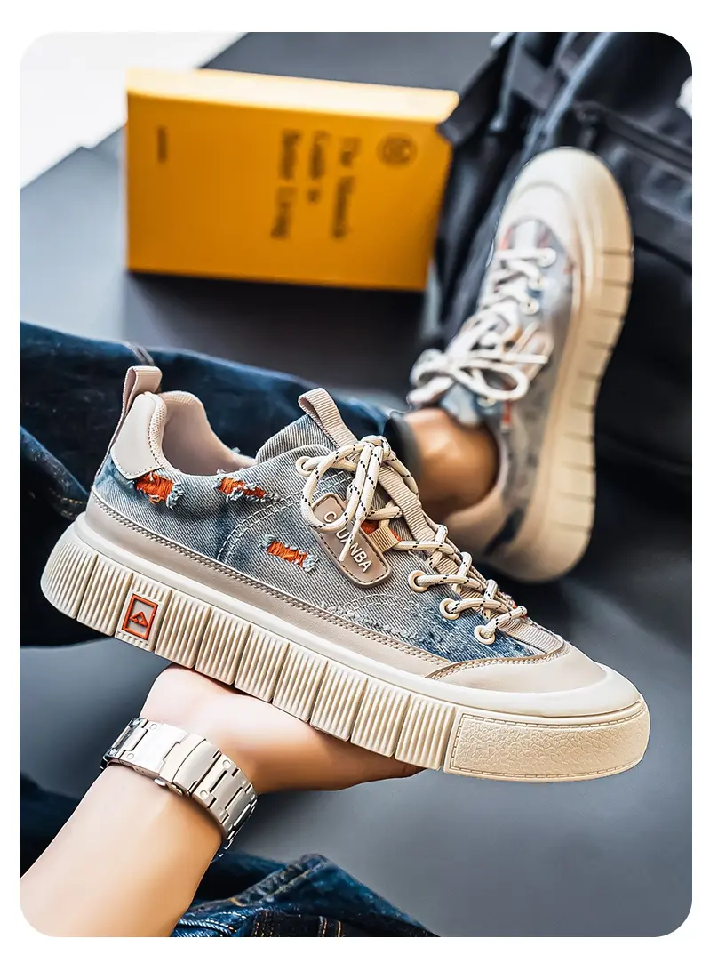 Washed Denim Board Shoes With Camouflage Print For Men_voghion.com