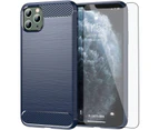 2 In 1 Pack For IPhone 11 Rugged MAXSHIELD Carbon Fiber Case TPU Cover With 9H Tempered Glass Screen Protector-(For IPhone 11) Navy Blue_voghion.com