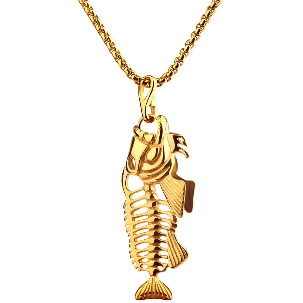 Collier pendentif squelette de poisson en os unisexe chaîne de surfeur bijoux de couleur argent_voghion.com