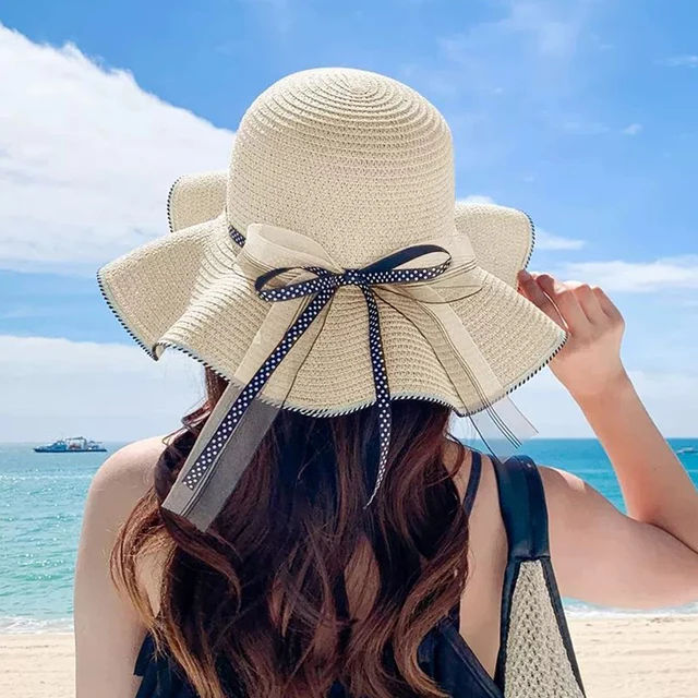 Neu eingetroffen Damen Strohhut Frühling und Sommer Spitze Schleife Große Krempe Atmungsaktiv Faltbare Sonnenschutzkappen Strandkappe Süßer Fischerhut_voghion.com