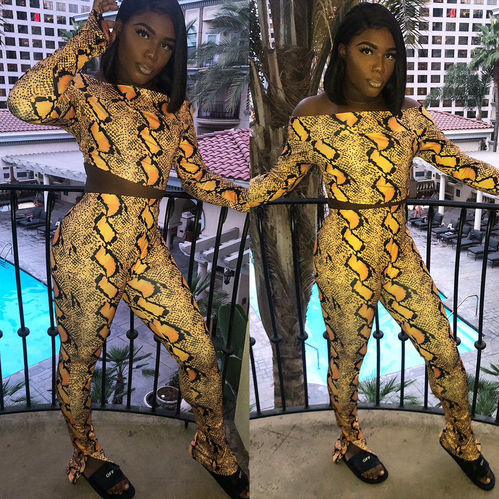 Sexy Snakeskin Women's Pant Set One-shoulder Tight Spring Outfit_voghion.com