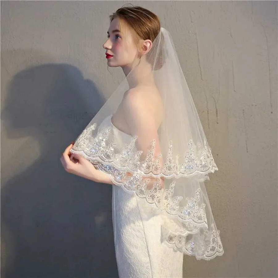 Hair Jewelry Hot Sale Cheap White Ivory Two Layers Wedding Lace Edge Sexy Short Bride Veils 2024_voghion.com