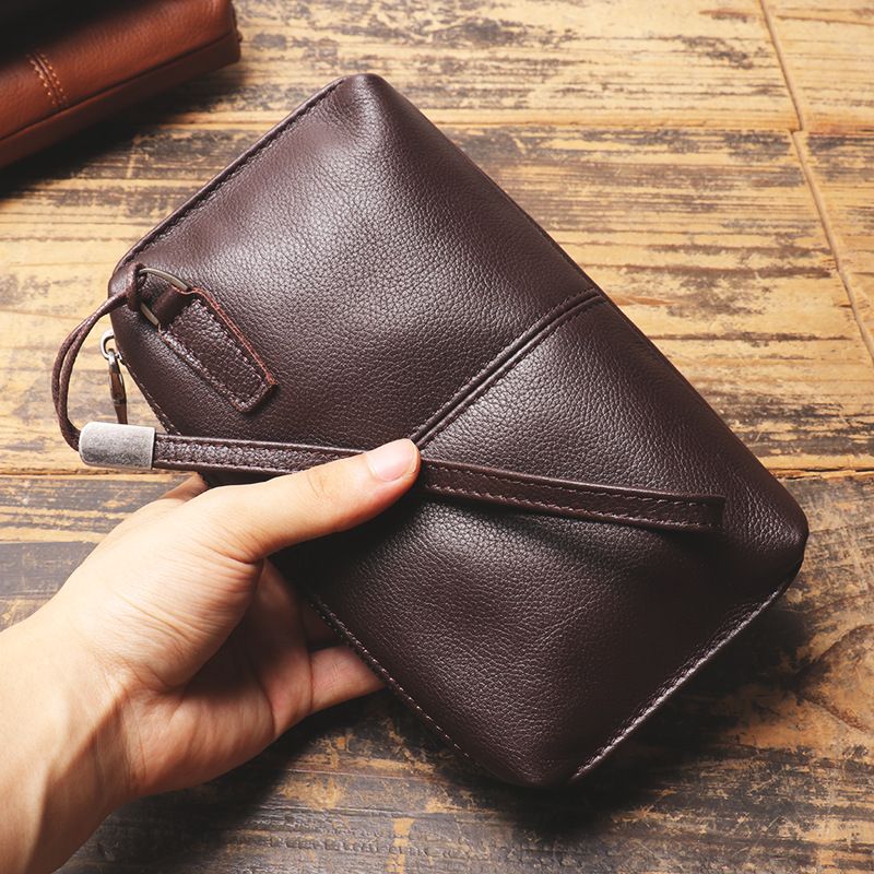 Herrenhandtasche echtem Leder, weicher Lederreißverschluss, lange Brieftasche, lässige Telefontasche aus Rindsleder der_voghion.com