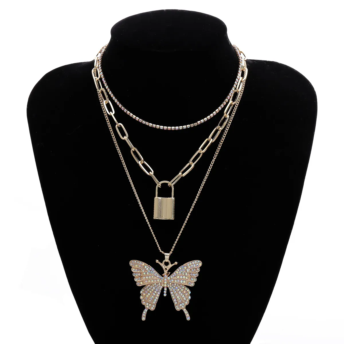 Iced Out Chains Κολιέ με πεταλούδα χρυσό Γυναικείο Link Κρεμαστό μενταγιόν με κρύσταλλο Rhinestone Κλειδαριά για ζώα_voghion.com