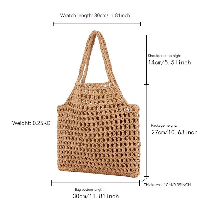 Borsa in corda di cotone naturale artistica estiva Forest, borsa intrecciata a mano, rete da pesca cava, borsa in stile festivo per_voghion.com