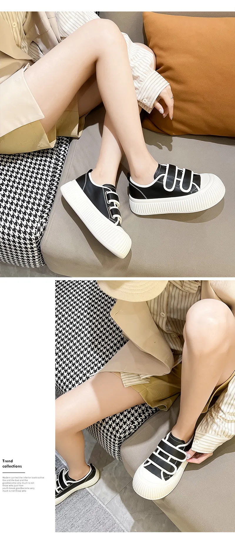 Ugly Cute Velcro Big Head Genuine Leather Thick Sole Biscuit Fashionable And Versatile Casual Women Shoes_voghion.com