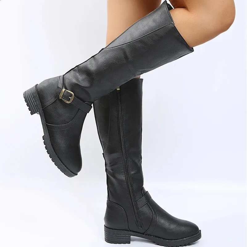 Retro Brown Knee High Large-sized Low Platform Long Autumn Pu Leather Zipper Womens Warm Boots 240911_voghion.com