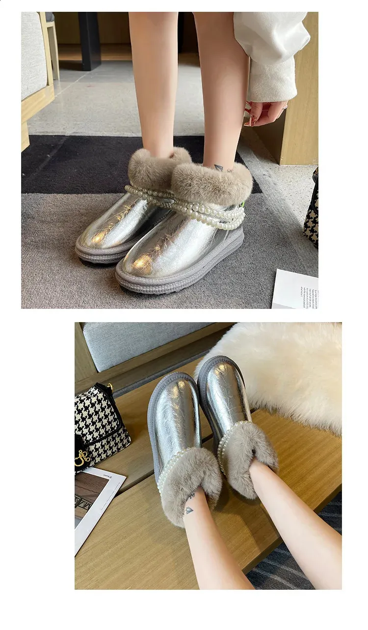 Bead Fur Snow Patent Leather Warm Wrinkle Student botte Womens Sliding Thick Bottom Wool Winter Boots Women 240904_voghion.com