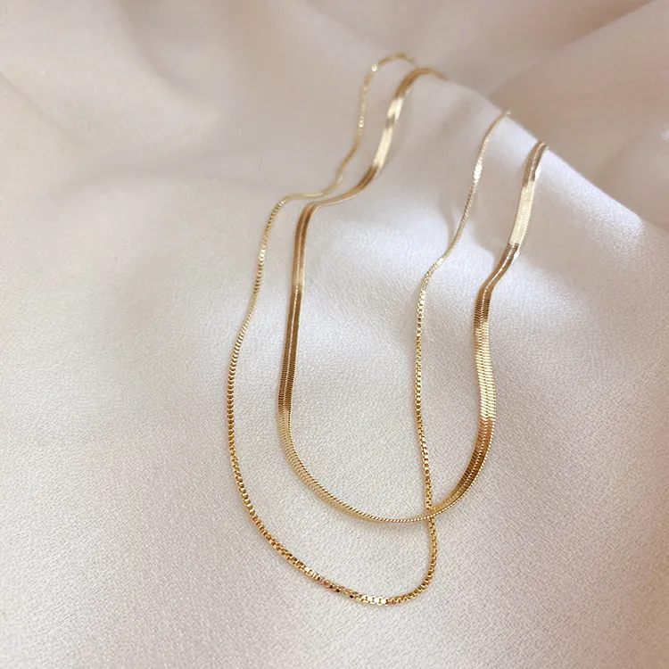 Ketten Anti-allergesch Minimalistesch Duebelschichten 14K Gold Plated Box & Herringbone Kette Choker Halskette fir Fraen Ketten_voghion.com
