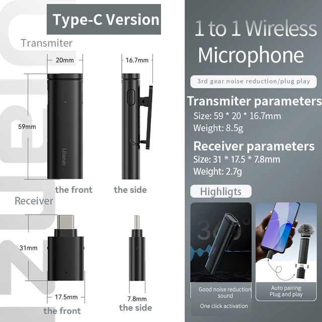 Ulanzi WM-10 vezeték nélküli csíptetős mikrofon 1 mikrofonhoz USB-C Android iPhone-hoz szélálló szivaccsal élő közvetítéshez_voghion.com