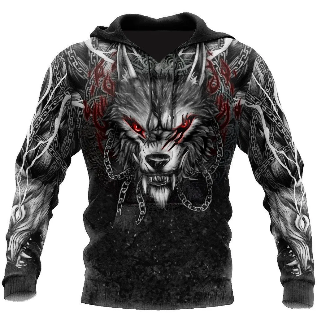 büyük boy Dövme İskelet Haç Terör Kırmızı 3D Baskılı Erkek Kapşonlu Sweatshirt Rahat Tracuits Raven Bad Wolnimal_voghion.com