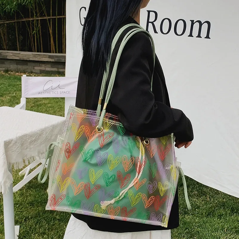 Heart Pattern Clear Pvc Tote Bag And Shoulder Bag Set For Summer_voghion.com