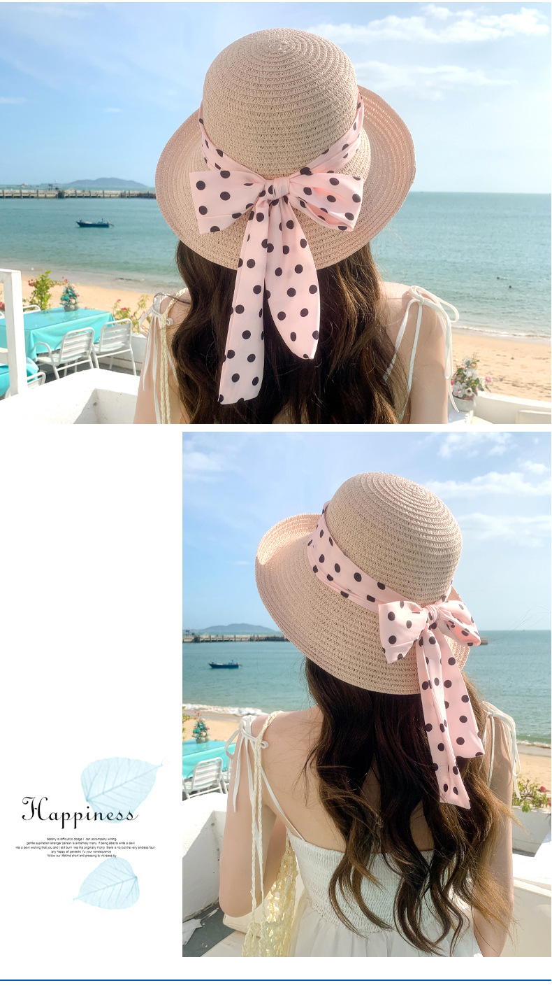 Donne estive con pois, nastri, turismo in paglia, spiaggia h, tese larghe per protezione e ombreggiatura, sole rovesciato_voghion.com