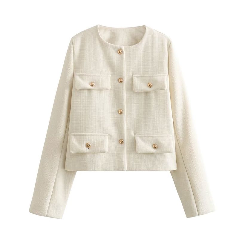 Damenbekleidung Mode Knopf Dekoration kurze Anzugjacke_voghion.com