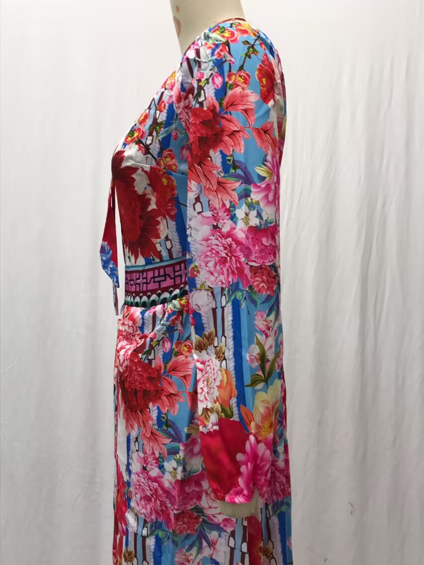 Dress Printed V-neck Retro Long Sleeve Swing Slit Long Dress_voghion.com