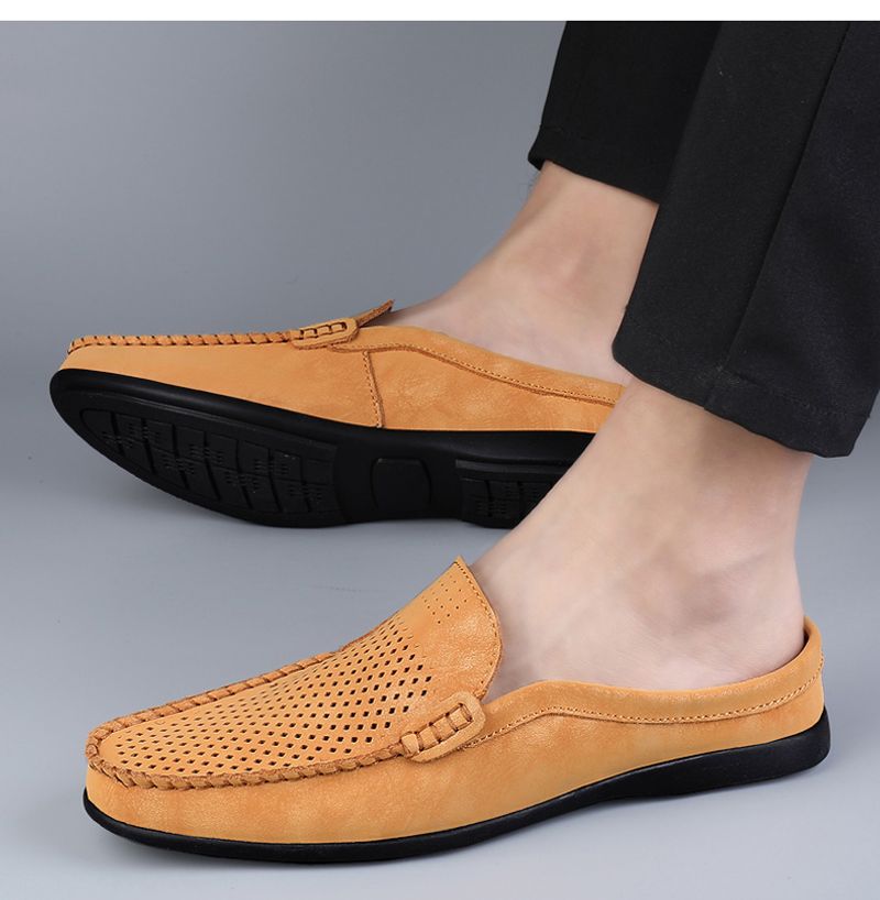 Sommer Slipper Halbschuhe für Herren Leder Slipper Casual Pantoletten Atmungsaktiv Bequeme Halbschuhe Mokassins Gelb Schwarz Beige_voghion.com