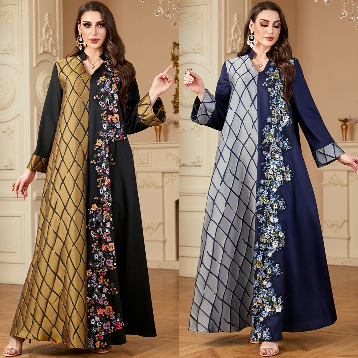 Robe à manches longues élégante avec broderie et coutures de couleur contrastée pour femme