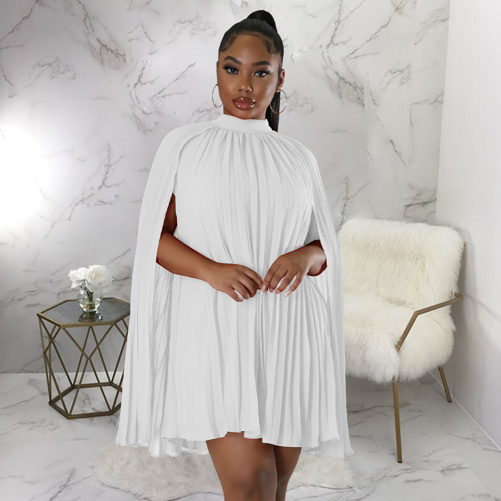 Women's Solid Colour Loose Bat Sleeve Pleated Chiffon Dress_voghion.com