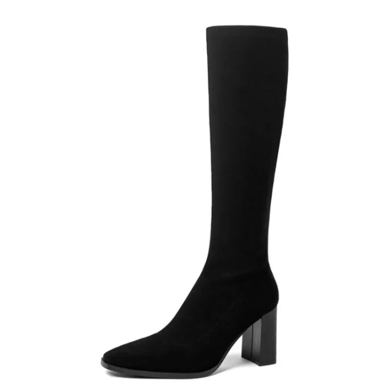 Knee Boots Zipper Thick High Heel Shoes Women Square Toe Winter Warm Long Boot Leather Party Footwear Size 34-39_voghion.com