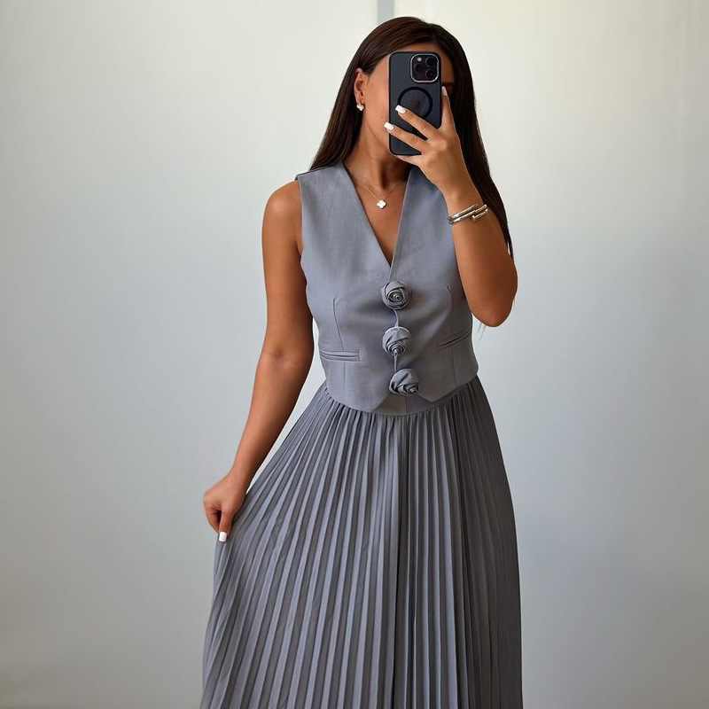 Women’s Clothing new suits for women summer sleeveless vest half length pleated long skirt two piece suit